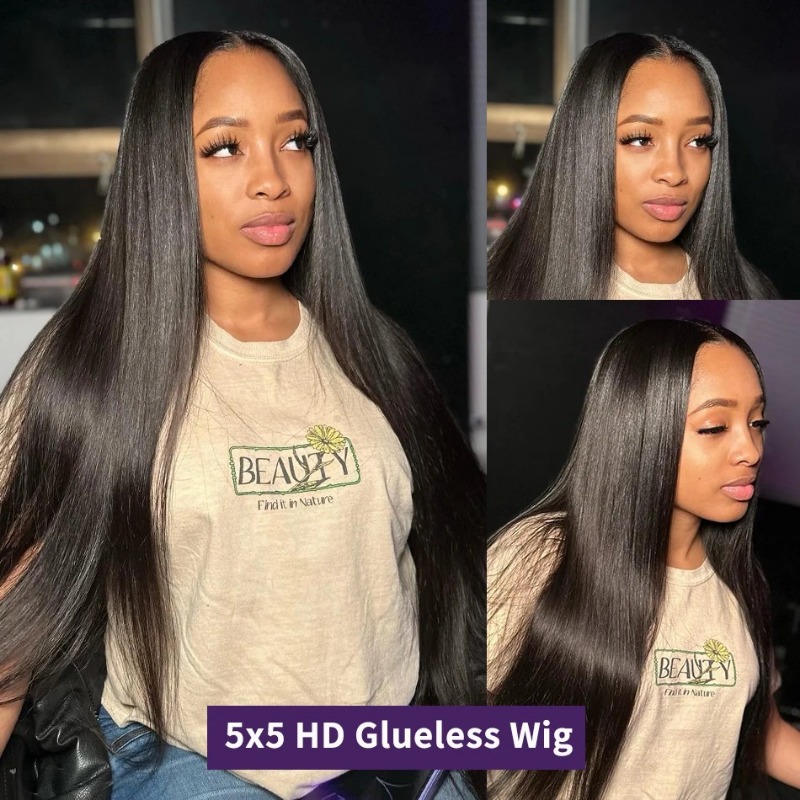 Straight Human Hair Wig Pre Cut HD Lace Front Wig Pre Plucked Bleached Knots Put On and Go Glueless Straight Human Hair High Density 180% Density Stra