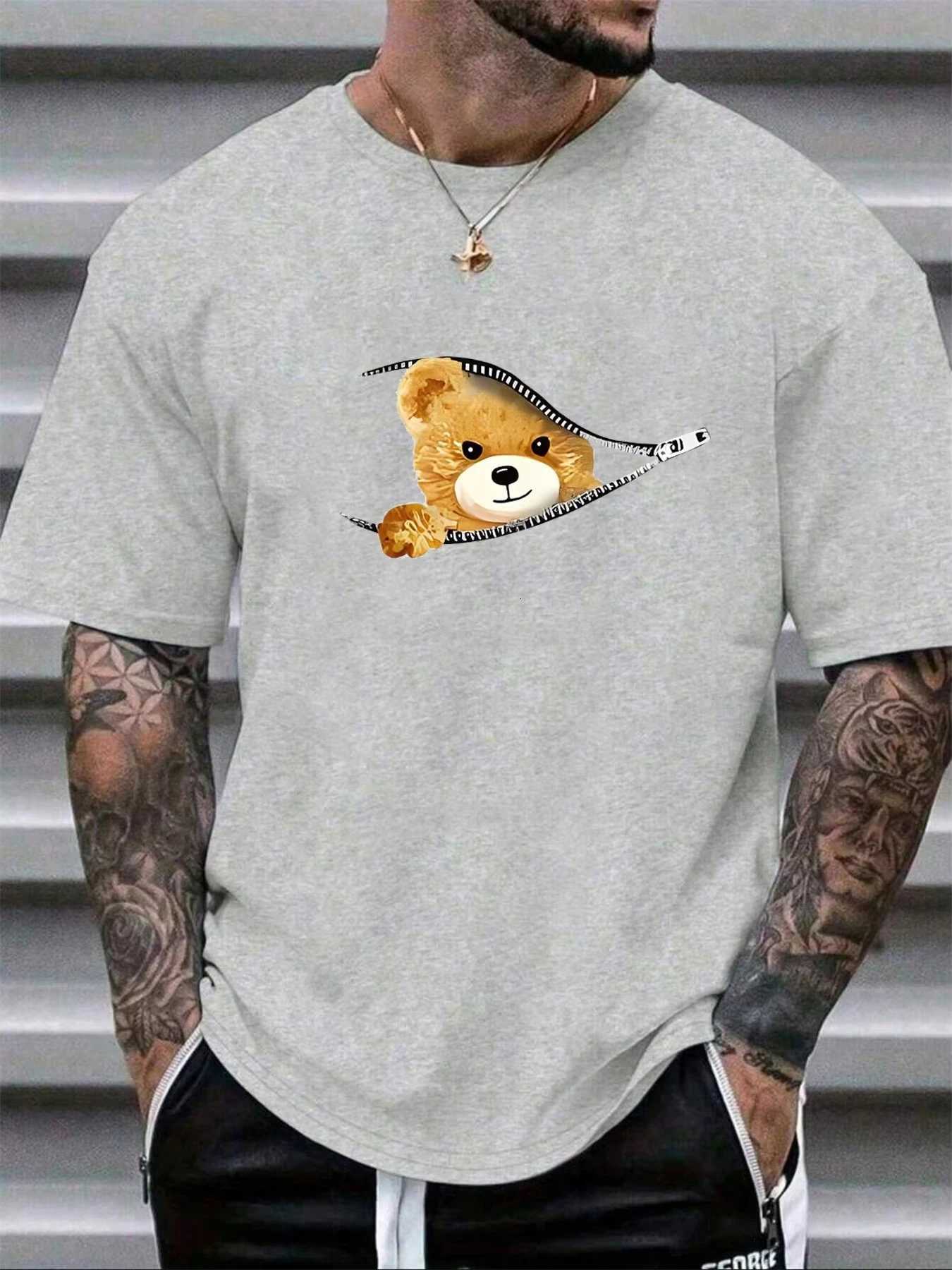 100% Cotton mens T-shirt Summer Loose Fitting Casual Tops Stylish Bear Pattern Print Comfortable Round Neck Short Sleeved Y250819