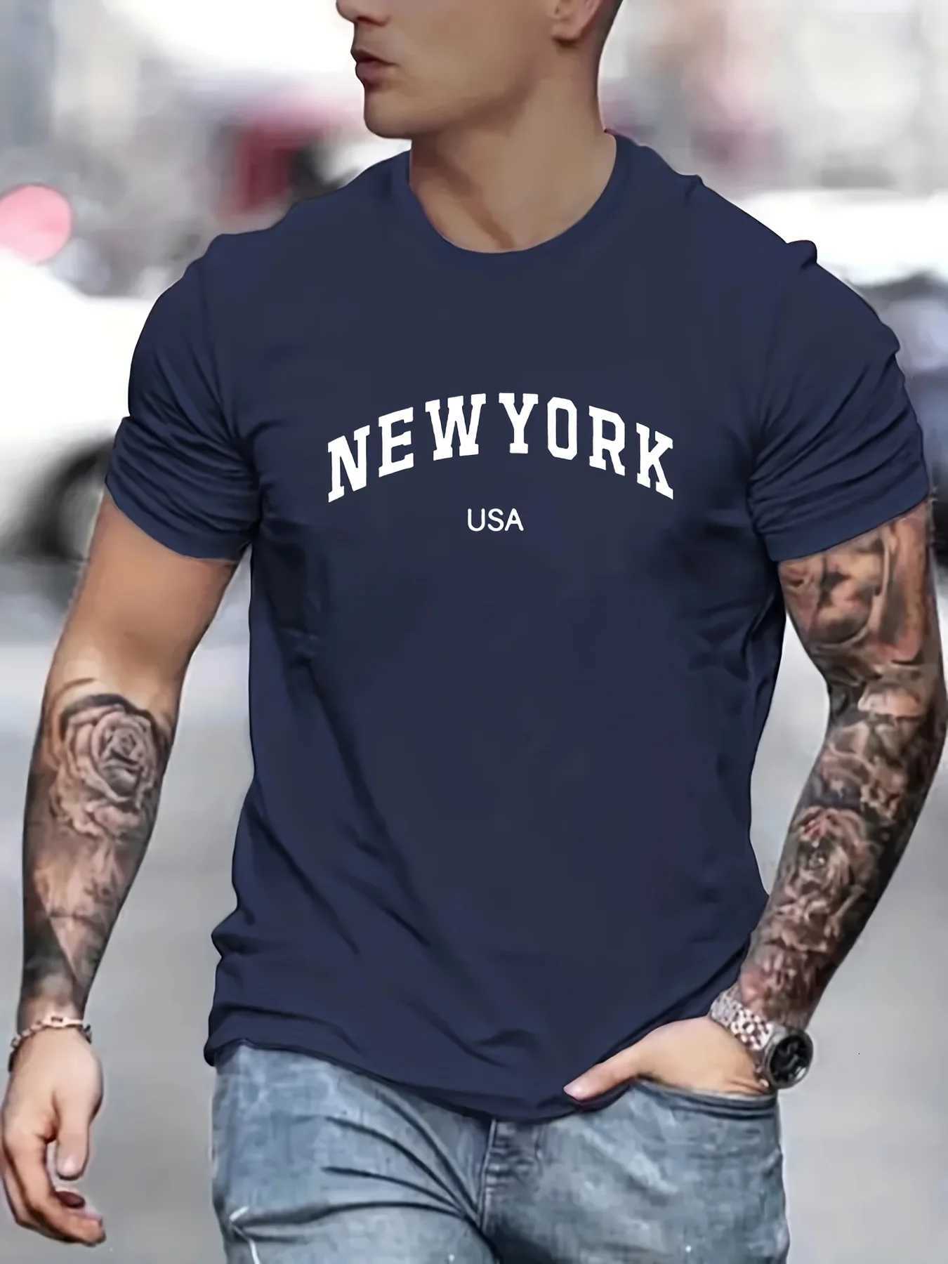 Mens summer fashionable casual loose plus size new York Usa printed slim fit sports round neck short sleeved T-shirt Y250819