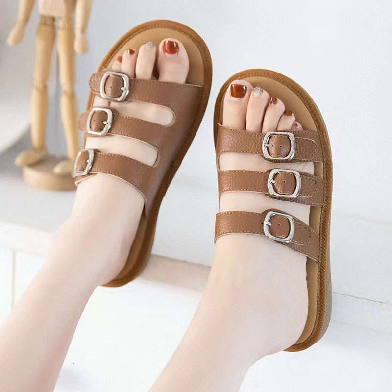 Women's 2025 Summer New Style Outdoor One-Strap Buckle Beach Seaside Internet Celebrity Soft Sole Half-Slip Sandals