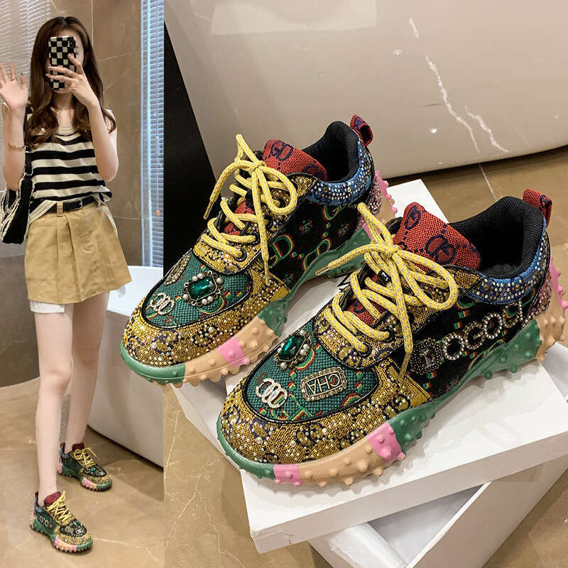 2023 Spring Heavy Craft Full Diamond Color Block Fashion Women's Dad Shoes High Top Thick Sole Height Increasing Letter Casual