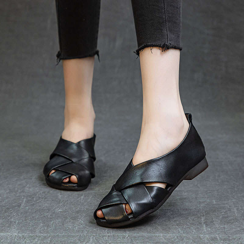 Top Layer Cowhide Heel Roman Sandals New Flat Sole Soft Surface Hollow Artistic Style Simple Handmade Women's Shoes