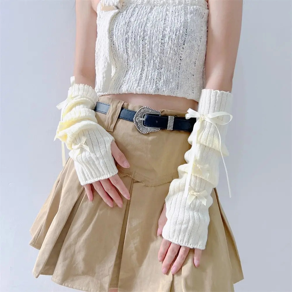 Female Y2K Fashion Arm Warmers Bowknot Soft Knitted Glove Girl Half Finger Mittens Solid Color Thicken Sleeves 250811