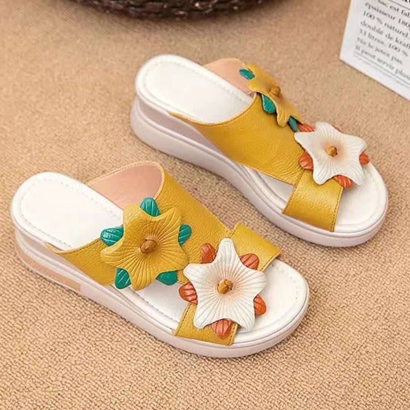 2025 Summer Bowknot One-Strap Slippers for Women New Versatile Casual Thick-Soled Comfortable Genuine Leather Outdoor Sandals