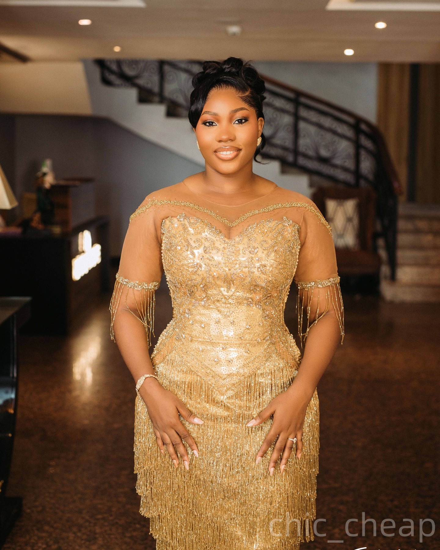 Sheath Gold Prom Dresses 2025 Tassels Crystals Beaded Short Sleeves Evening Formal Party Second Birthday Engagement Gowns Plus Size Dress For Special 