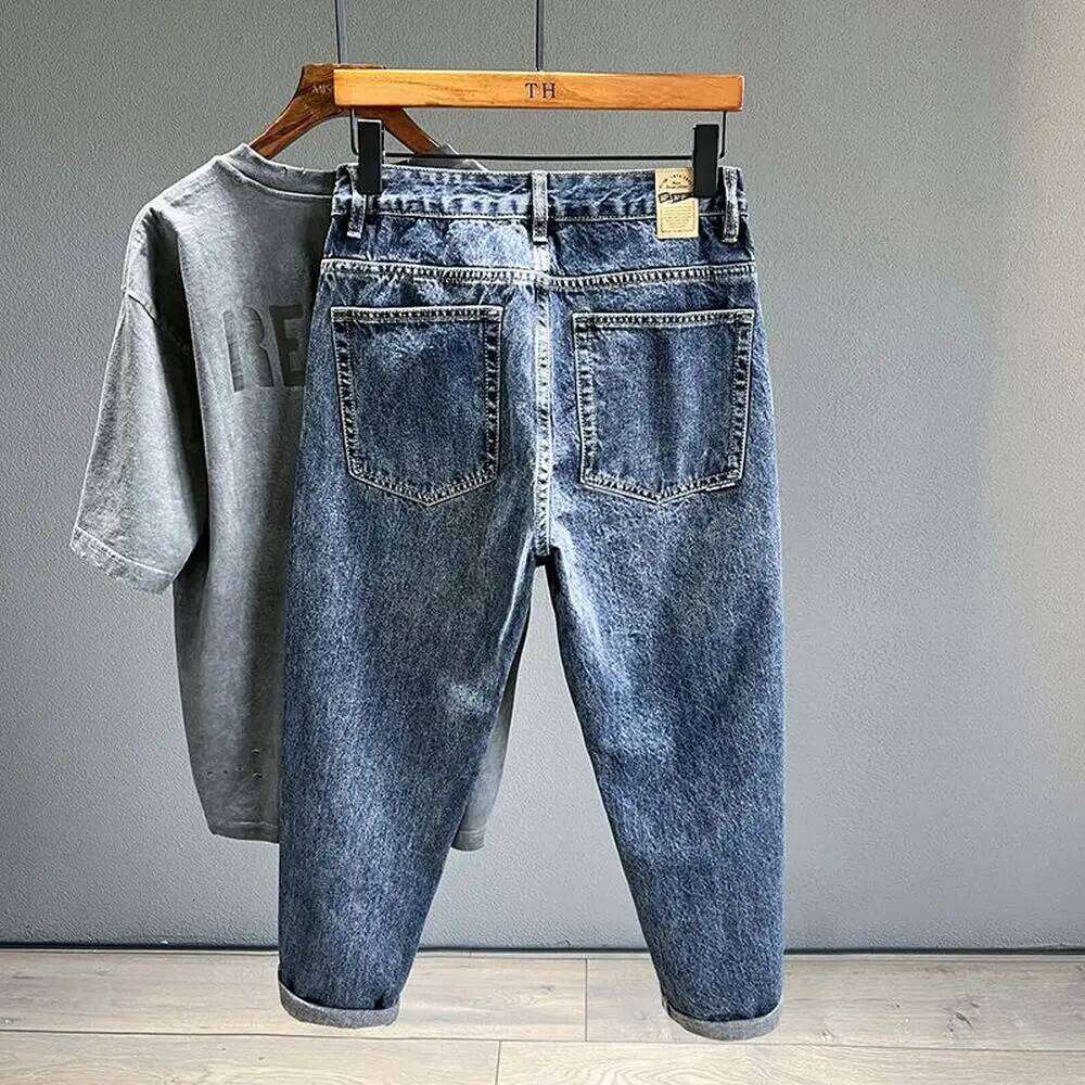 Korean Vintage Loose Tapered Men's Jeans Fashion High Street Drape Harem Pants Youth Hip Hop Streetwear Male Blue Denim Trousers