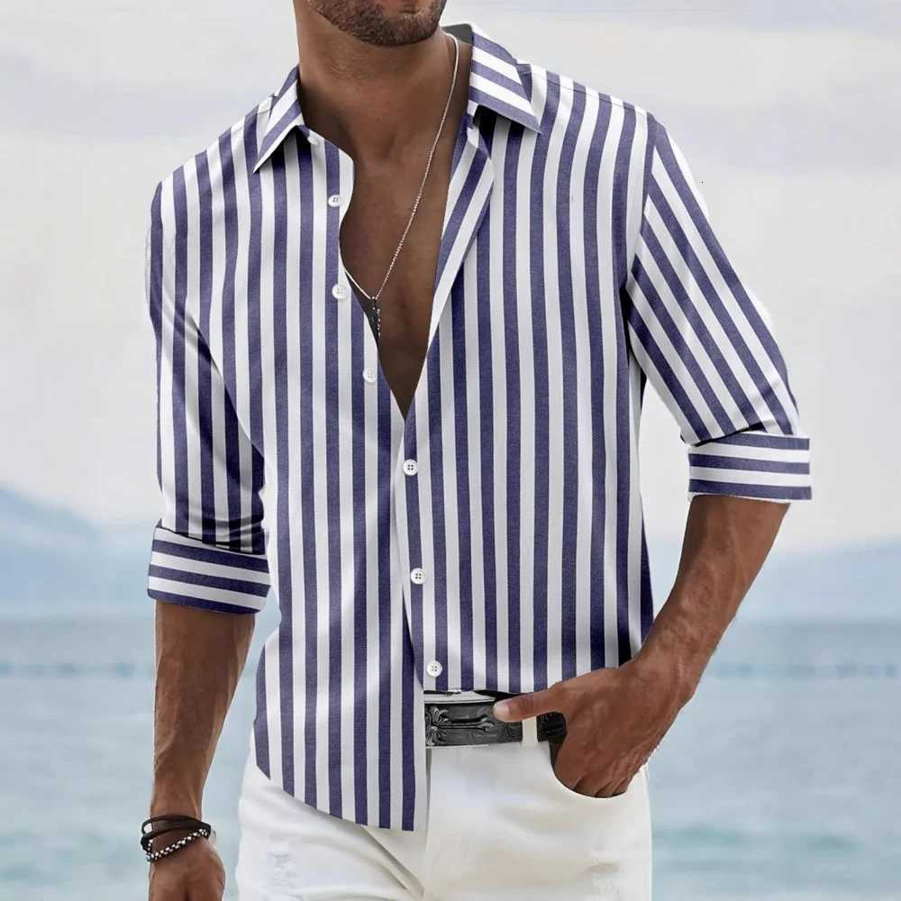 New fashion mens shirt long sleeve striped print top mens social mens wear Hawaiian elegant classic fashion Y250819