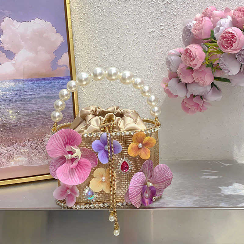 Metal Flower Beaded Handbag Shiny Non-Slip Water Basket Birdcage Party Bucket Clutch Crossbody Bag