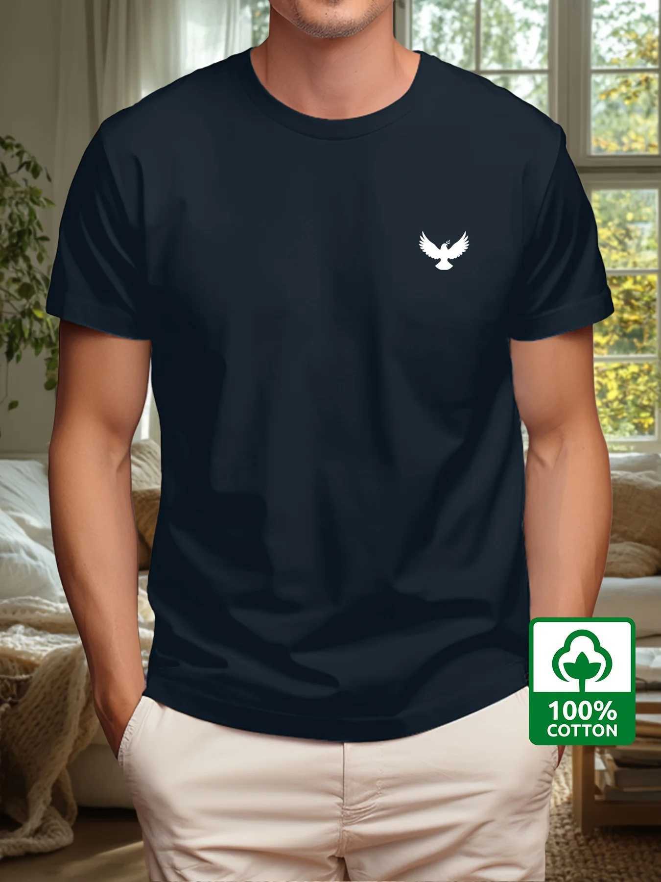 Mens Summer 100% Cotton Fashion Sports and Leisure Loose Dove and Peace Pattern Printed Round Neck Short Sleeve T-shirt Top Y250819