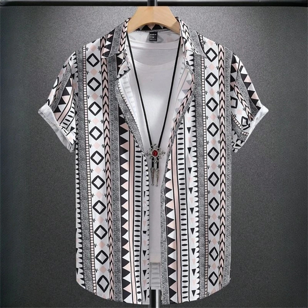 Vintage Hawaiian Shirts For Men Ethnic Pattern Printed Short Sleeve Tops Fashion Casual Clothing Loose Oversized Mens Shirt 250808