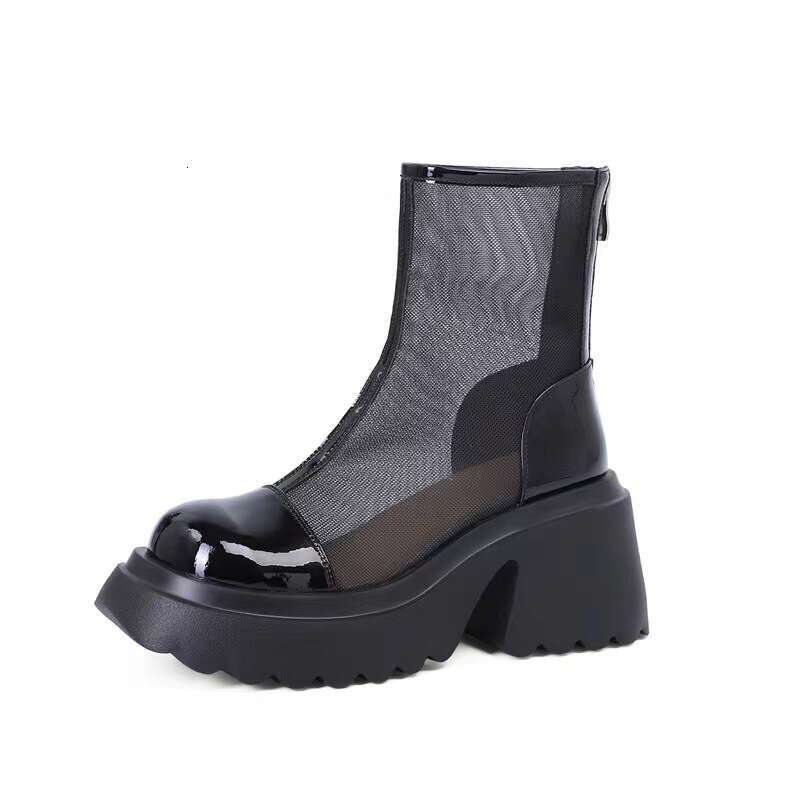 Summer Thin for Women 2023 New Martin Hollow Mesh Sandals British Style Breathable Chunky Heel Short Boots