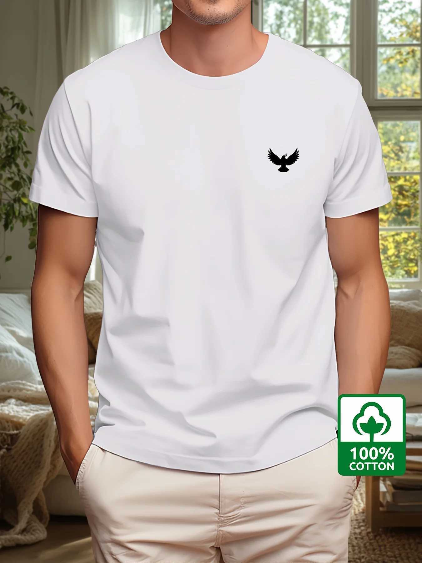 Mens Summer 100% Cotton Fashion Sports and Leisure Loose Dove and Peace Pattern Printed Round Neck Short Sleeve T-shirt Top Y250819