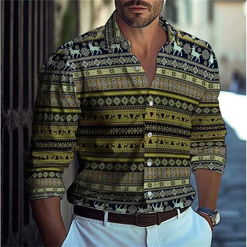 Hawaiian Mens Shirts Blue Plaid Color Block Button Up Shirts Casual Summer Beach Shirts Long Sleeve Lapel Comfortable Clothing Y250819