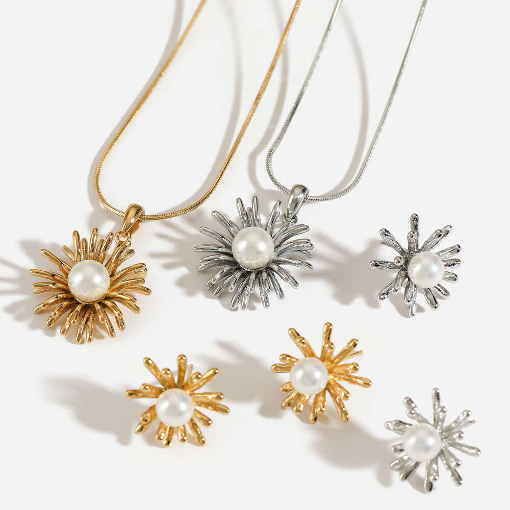 Stainless Steel Fireworks Style Designer Earrings Necklace Gentle French High-Quality Light Pearl Jewelry Set