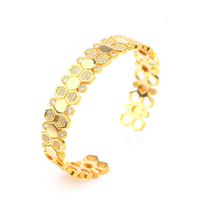 Exaggerated Geometric Jewelry Simple Micro Pave Zircon Honeycomb Hexagon Bracelet Ring Set Direct Sale