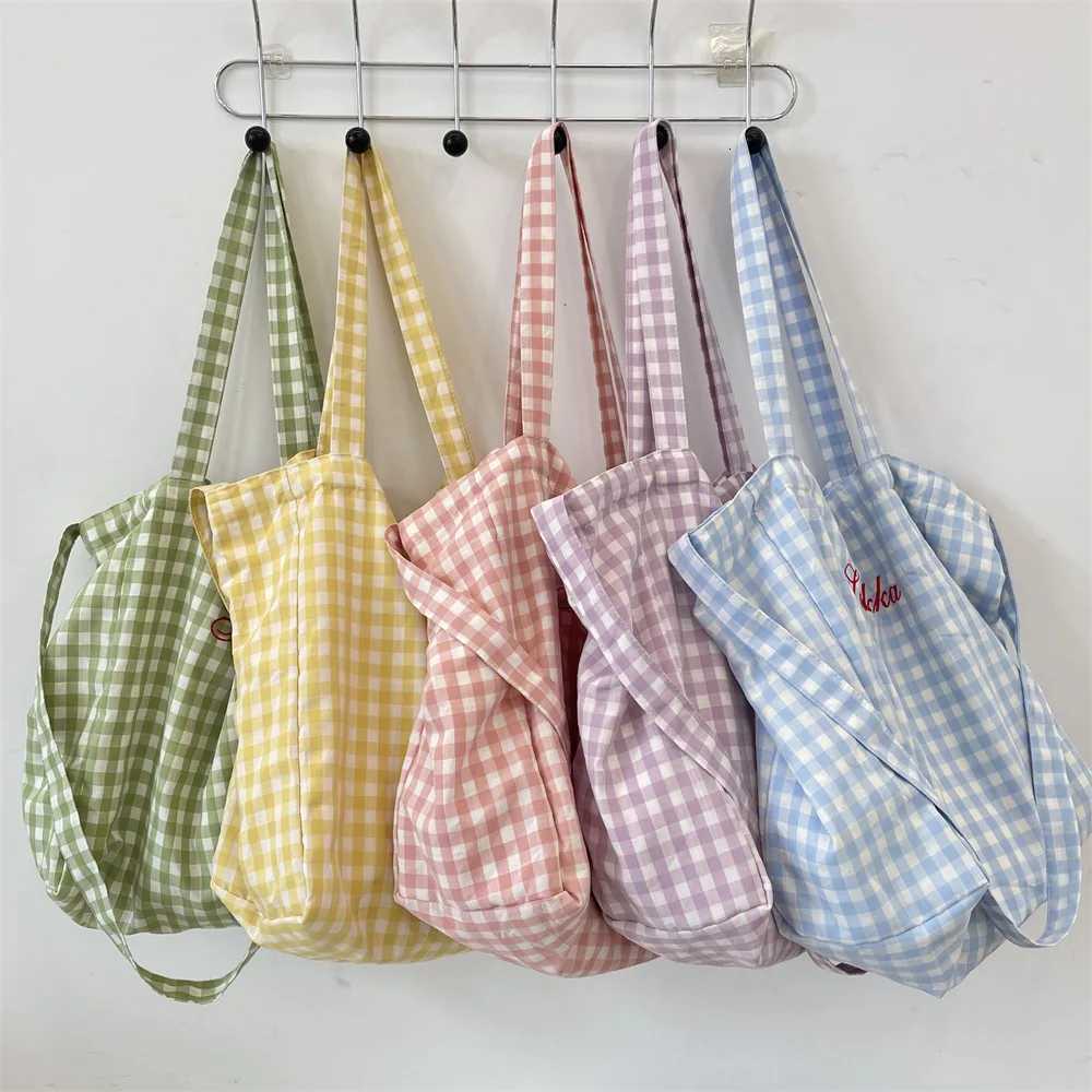 Korean Candy Plaid Lady Tote Bag Sweet Casual Women Crossbody Bag Large Capacity Printing Canvas Shouder Bag Student Handbag Y250819
