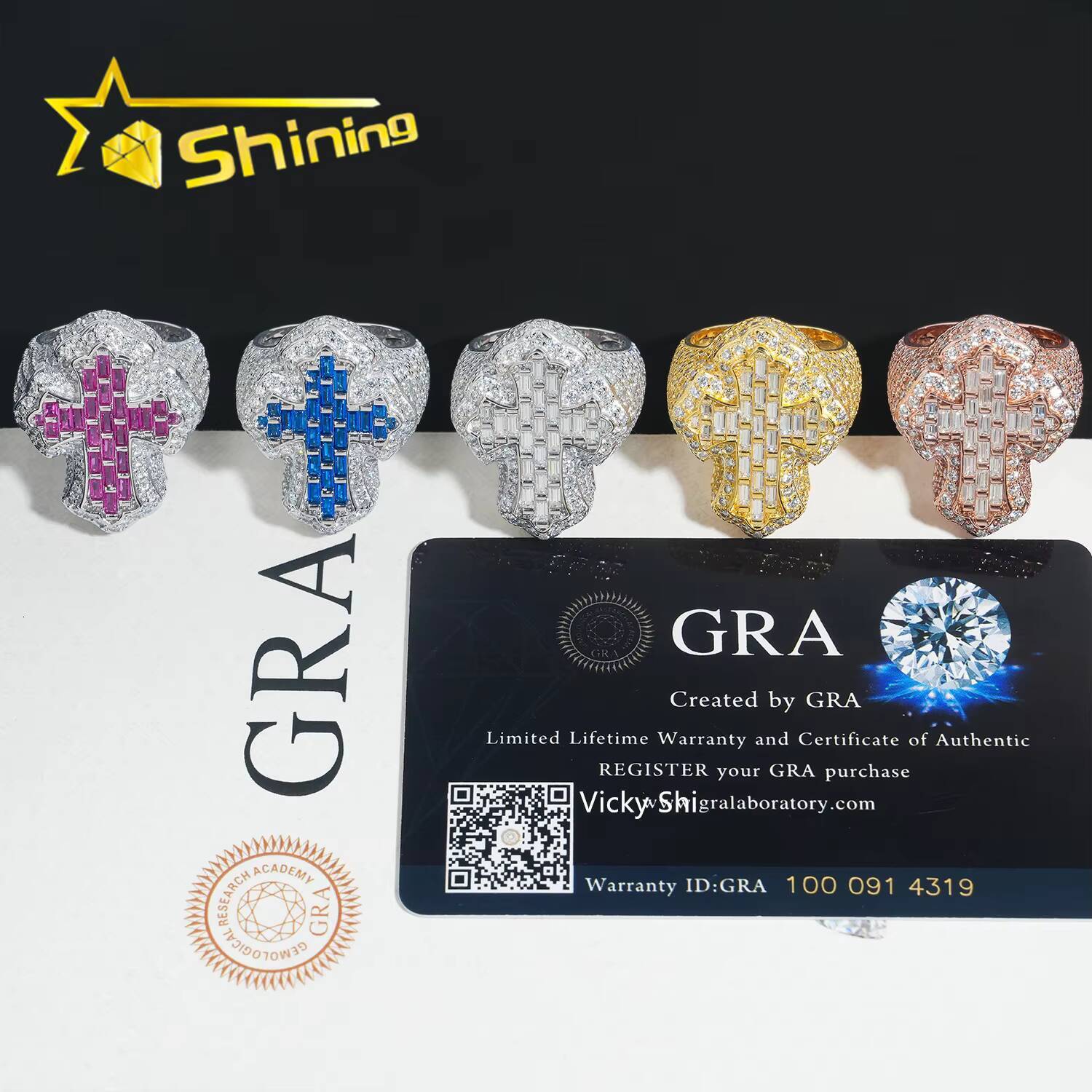 Iced Out Moissanite Mens Ring 925 Sterling Silver VVS Moissanite Cross Ring GRA Custom Hip Hop Ring Moissanite Jewelry