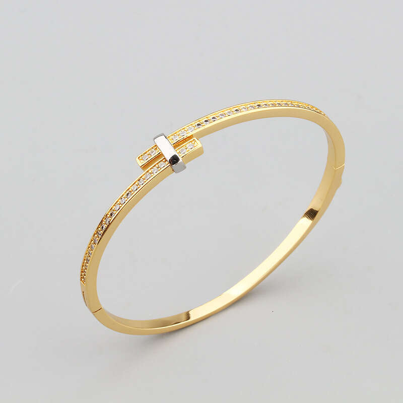 New Simple Closed Two-tone Bracelet Ring Set for Men and Women, Elegant Eco-friendly Copper Gold-plated Zircon Inlaid Jewelry