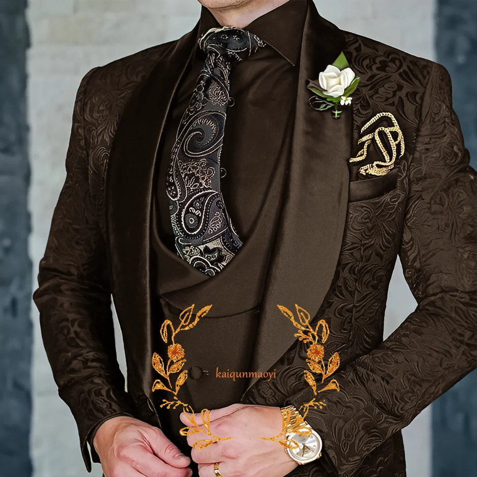 Jacquard Elegant Mens 3 Piece Suit Set Wedding Groom Tuxedo Jacket Pants Vest Formal Party Dress XS-5XL 250820