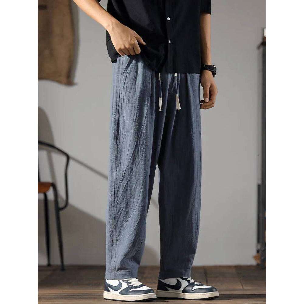 Japenese Cotton Pants Men Summer Straight Casual Ice Silk Sweatpants Male Wide leg Oversize Linen Trousers 2024 New