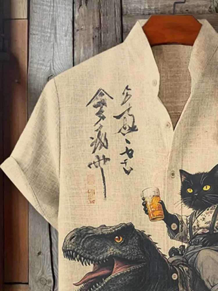 Mens Beige Shirt Black Cat Samurai Dinosaur With Beer Print Short Sleeve Fashion Harajuku Summer 2025 Holiday Shirts Oversized Y250819