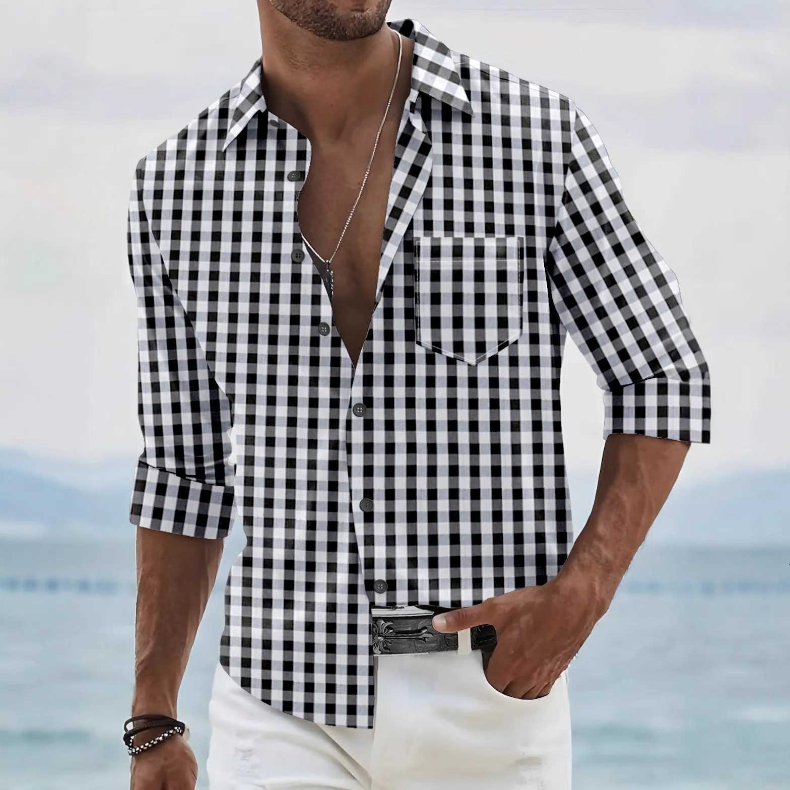 Mens plaid shirt long sleeve fashion casual four seasons lapel shirt red plaid shirt fabric comfortable and breathable Y250819