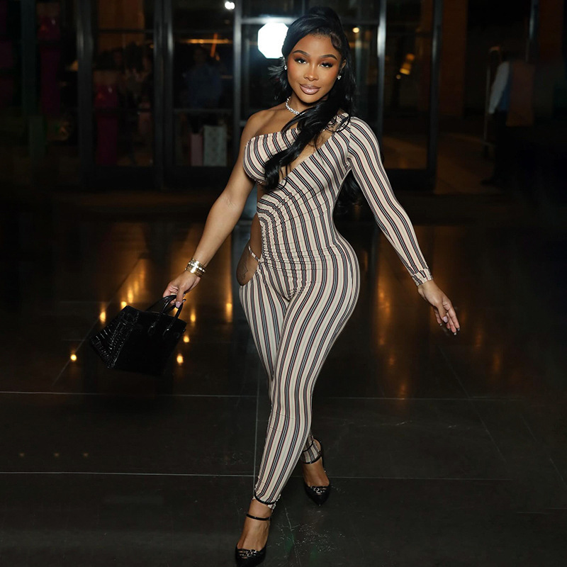 D9736 Womens Fashion Sexy Hollow Out Striped Print One-Shoulder Long Sleeve Jogger Jumpsuit