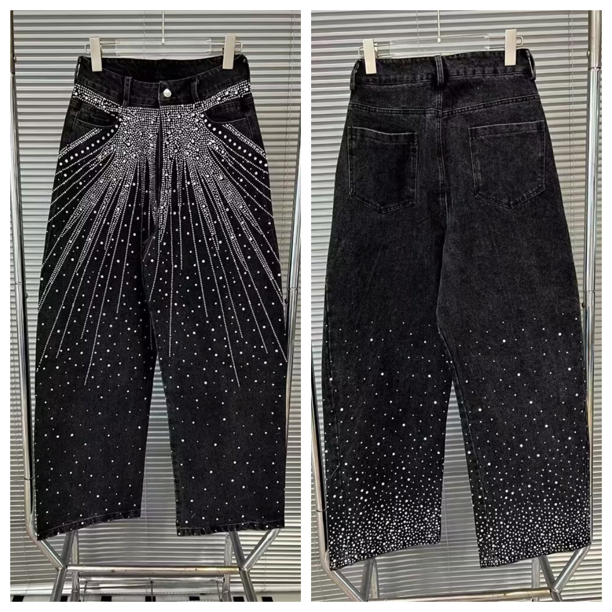 Men's Jeans Heavy Industry Starry Sky Rhinestone Washed Ribbon Streetwear Loose Washed Vibe Straight-leg Pants Trendy For Both Men And Women