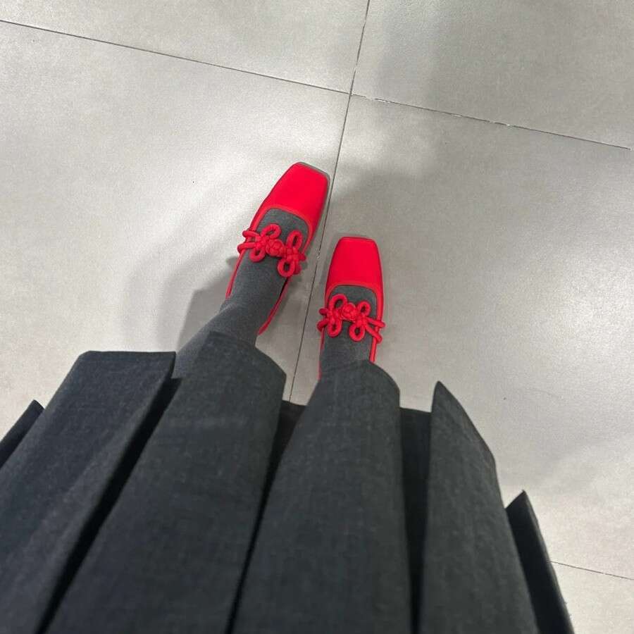 Sheepskin Version ~ Square Toe Little Red New Style Chinese Knot Flat Single Women Shallow Mouth Ballet Mary Jane Shoes