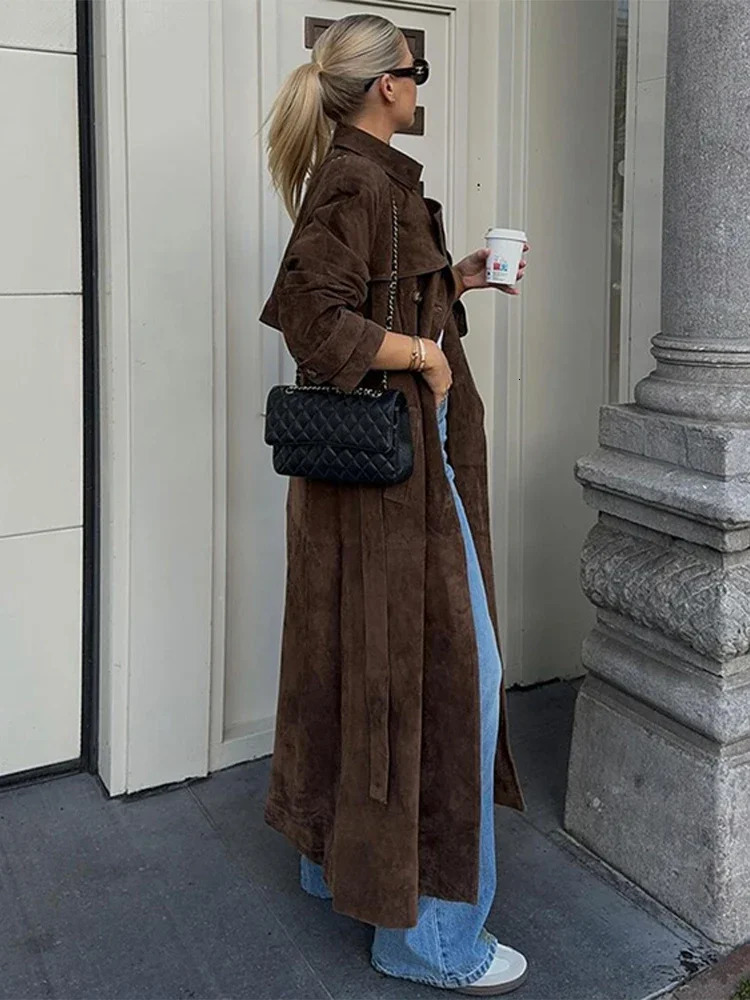 Vintage Suede Female Windbreak With Belt Long Sleeve Double Breasted Long Coat Autumn Fashion Split Lace Up Women Jacket 250820