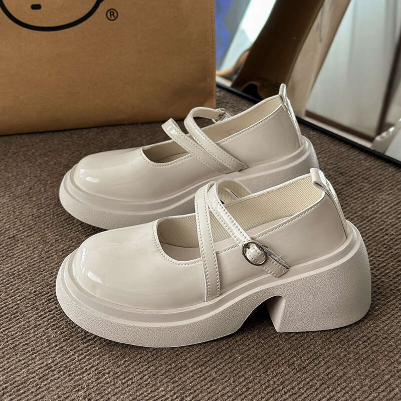 Shallow Mouth Thick Sole Versatile British Style Women's Leather Shoes Chunky Heel Round Toe Mary Jane Flats