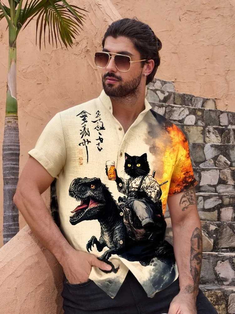 Mens Beige Shirt Black Cat Samurai Dinosaur With Beer Print Short Sleeve Fashion Harajuku Summer 2025 Holiday Shirts Oversized Y250819