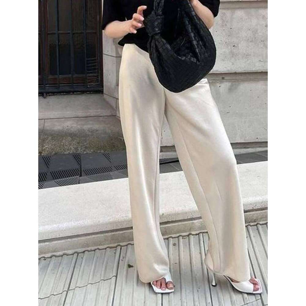 Chic Satin Wide Leg Dress Pants Women's Stylish Elastic Waist Loose Fit Long Trousers for Streetwear Work Solid Color