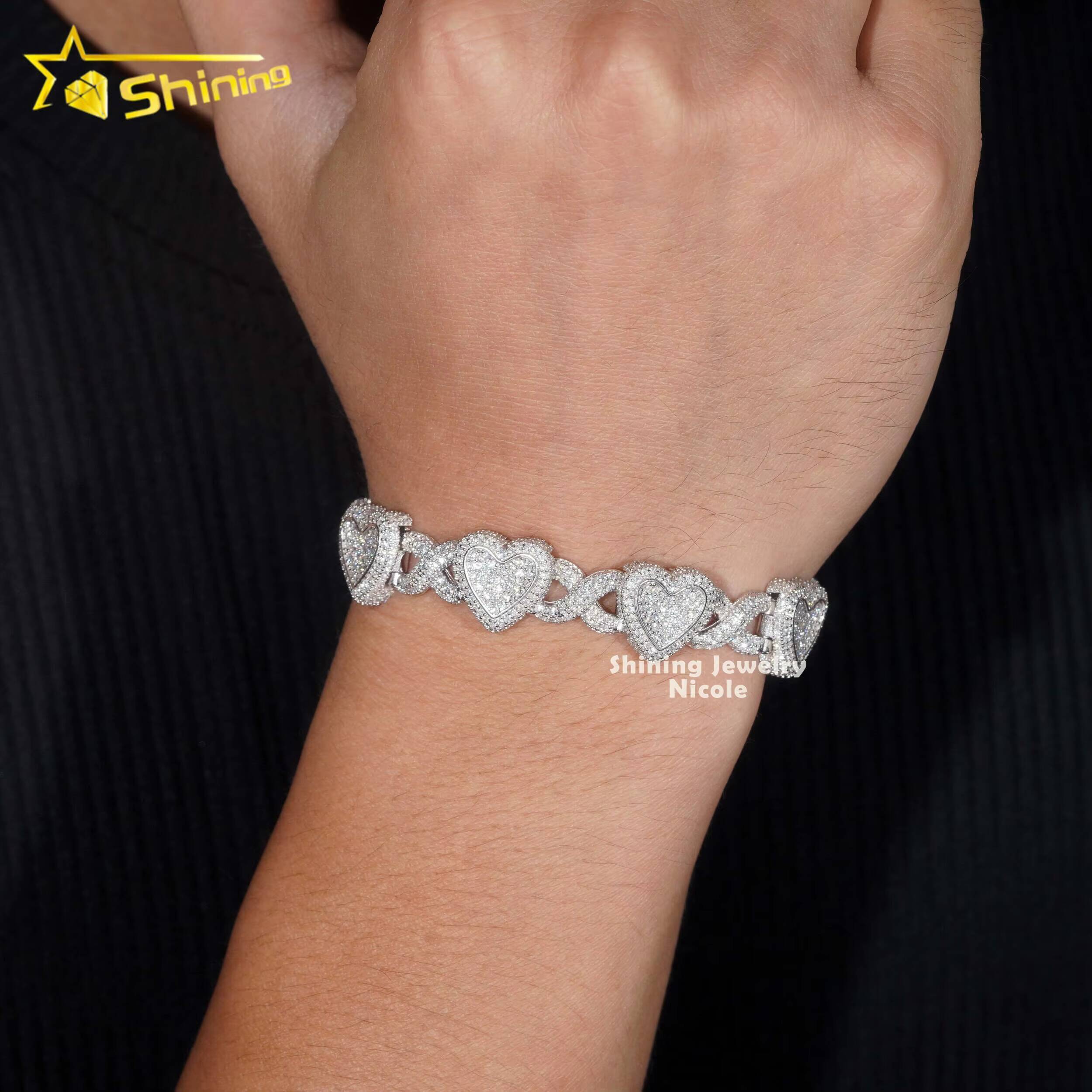 GRA Certificate Men Women Iced Out Hip Hop 925 Silver Heart Moissanite Infinity Cuban Link Bracelet