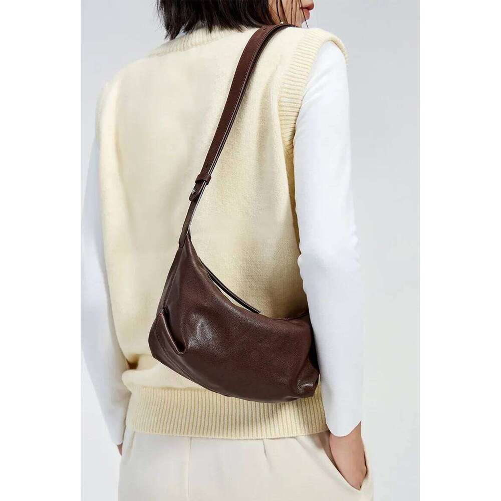 Less Is More Minimalist Style Coffee Color Hobo Tote Vegetable Tanned Cow Leather Women Shoulder Bag Adjustable Handle Handbag