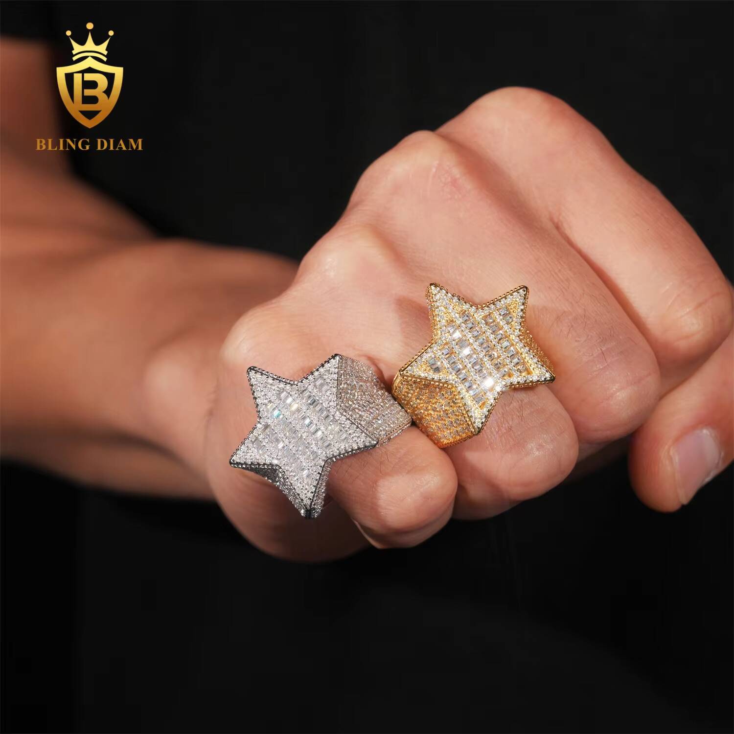 Hot Sale Hip Hop Jewelry 925 Silver Gold-Plated Vvs Moissanite Ice Out Fully Diamond Mens Star Rings With Box