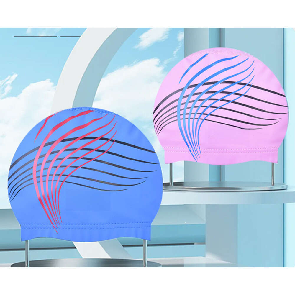 Adult Swim Fashion Print Ear Protection Non-Tightening Long Hair PU Unisex Training Swimming Cap