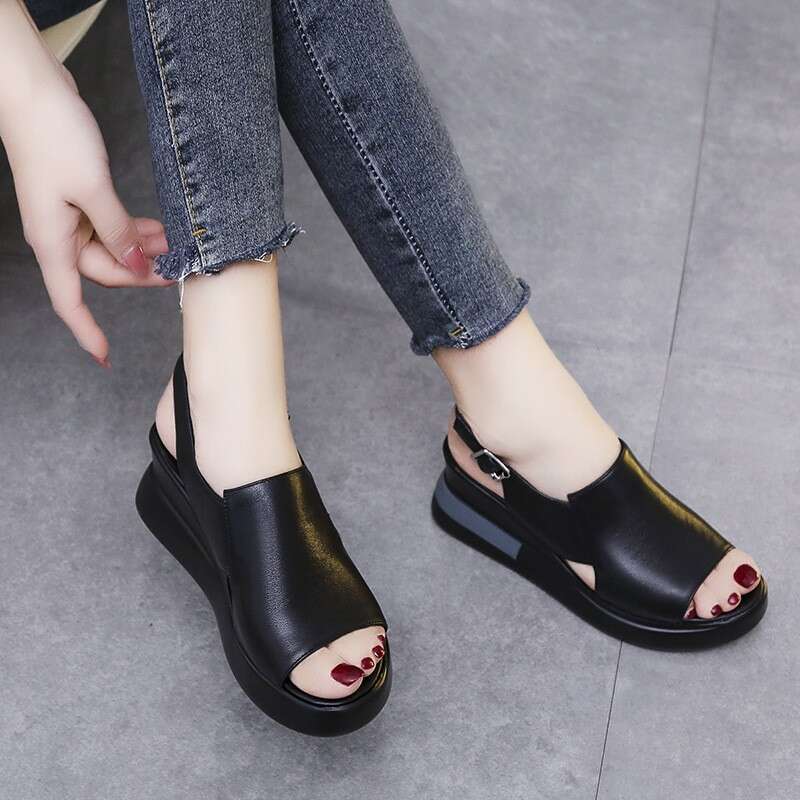 Wedge Sandals for Women 2023 New Summer High Heel Peep Toe Women's Soft Leather Height Increasing Platform Shoes Fashionable Breathable