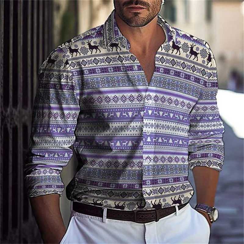 Hawaiian Mens Shirts Blue Plaid Color Block Button Up Shirts Casual Summer Beach Shirts Long Sleeve Lapel Comfortable Clothing Y250819