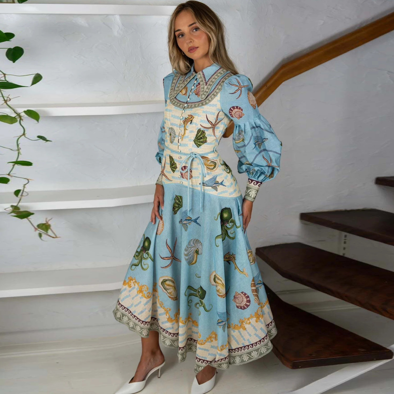 Women Vintage Floral Print Shirt Collar Puff Sleeve Single Breasted Spring Summer Long A Line Cotton Linen Dress 250820