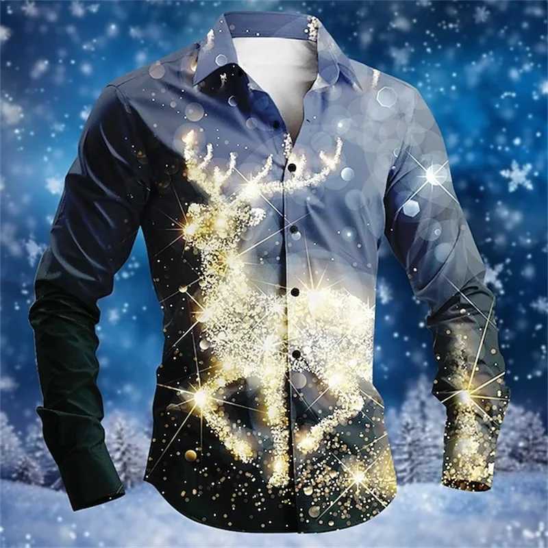 3D Print Christmas Elk Snowflake Graphic Shirts For Men Fashion Casual Mens Long Sleeve Button Up Shirt New In Plus Size Blouse Y250819