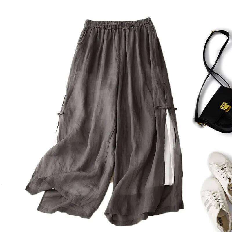 Gray Cotton Linen Casual Elastic High Waist With Lining Women's Wide Leg Ankle-Length Pants For Women Clothing Fashion