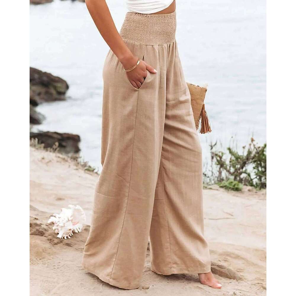 Women's casual with drawstring, mid waist, beach wide leg, spring summer, European and American pants