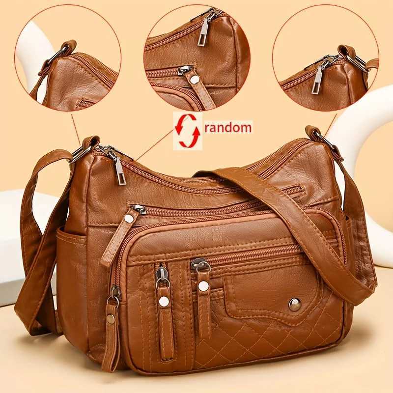 Ladies Bag Fashion Multi Zip Crossbody Multi Pocket Stitching Soft Vegan Leather Shoulder Bag Multi Pocket Handbag Purse Y250819