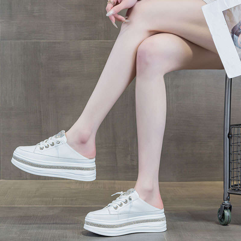 2025 New Genuine Leather 6CM Height Increasing Polyurethane Rhinestone Summer Breathable Sandals Women Thick Sole Half Slippers Trendy