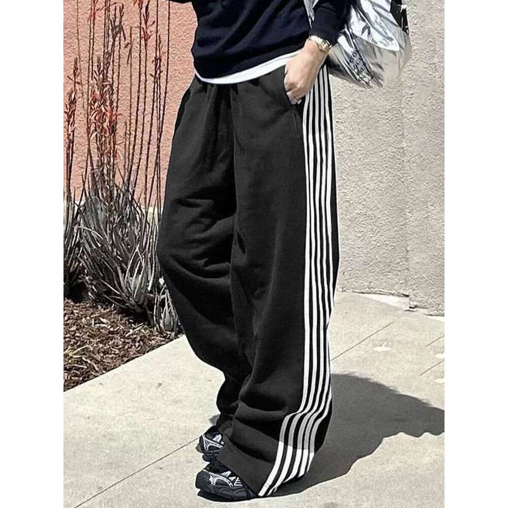 Women Y2k Wide Leg Track Baggy Side Striped Joggers Sweatpants Elastic Waist Color Block Parachute Pants with Pockets