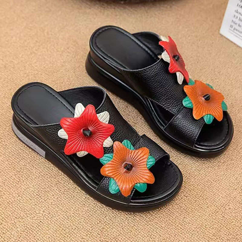2025 Summer Bowknot One-Strap Slippers for Women New Versatile Casual Thick-Soled Comfortable Genuine Leather Outdoor Sandals
