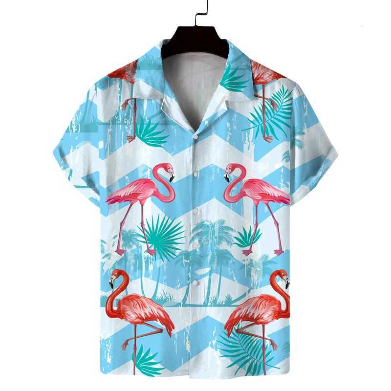 Mens summer Cuban collar short-sleeved shirt with summer style flamingo print mens shirt comfortable breathable and versatile Y250819