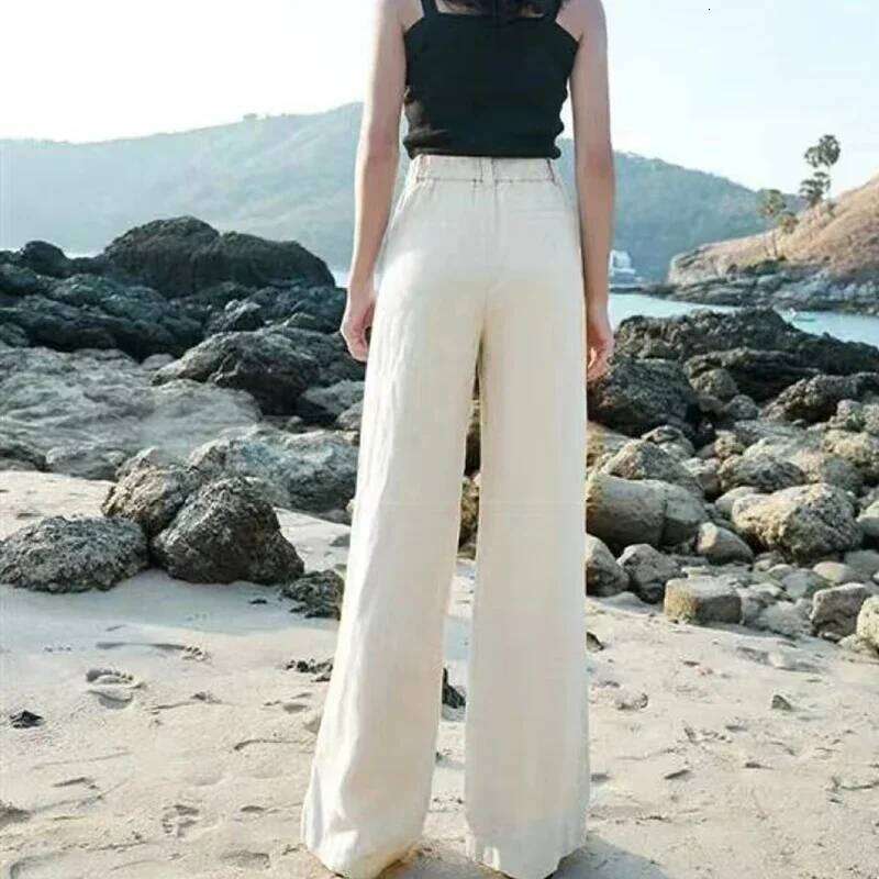 Summer Baggy Cotton Linen Women Elegant High Waist White Wide Leg Pants Woman Casual Loose Straight Full Trousers Female