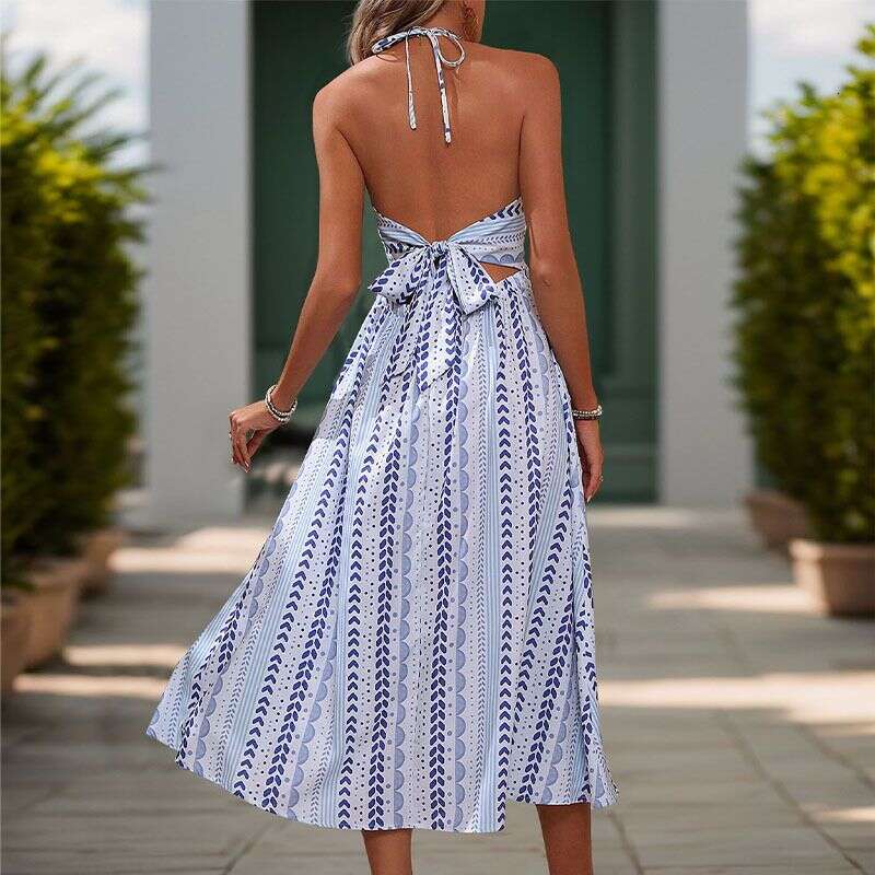 Dresses Beach Vacation Summer Backless Women's V-Neck Strap Slimming Printed Dress